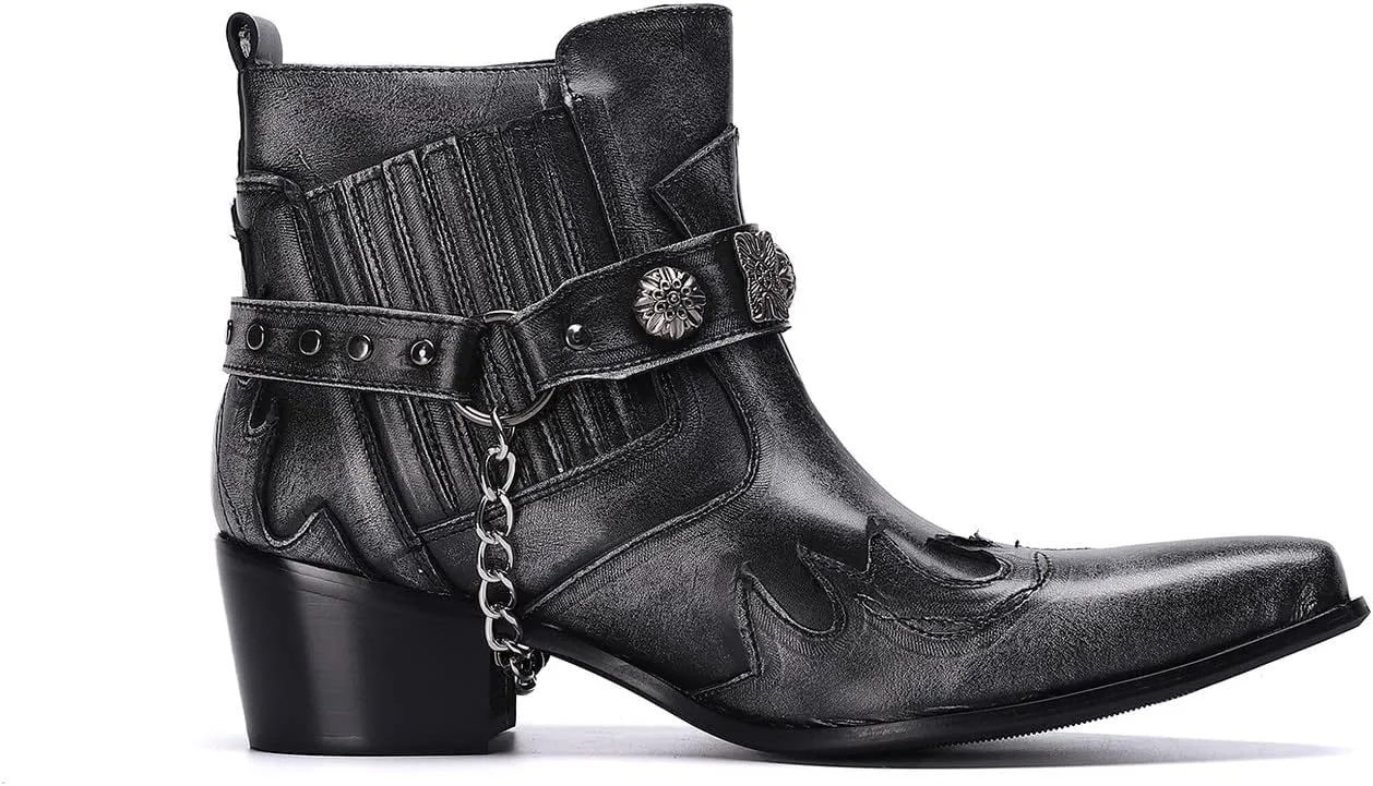 Santimon Chelsea Boots Men Party Casual Dress Leather Chain Cowboy Boots Fashion Western Boots Prom Wedding Ballroom Motorcycle Ankle Boots for Men Boys