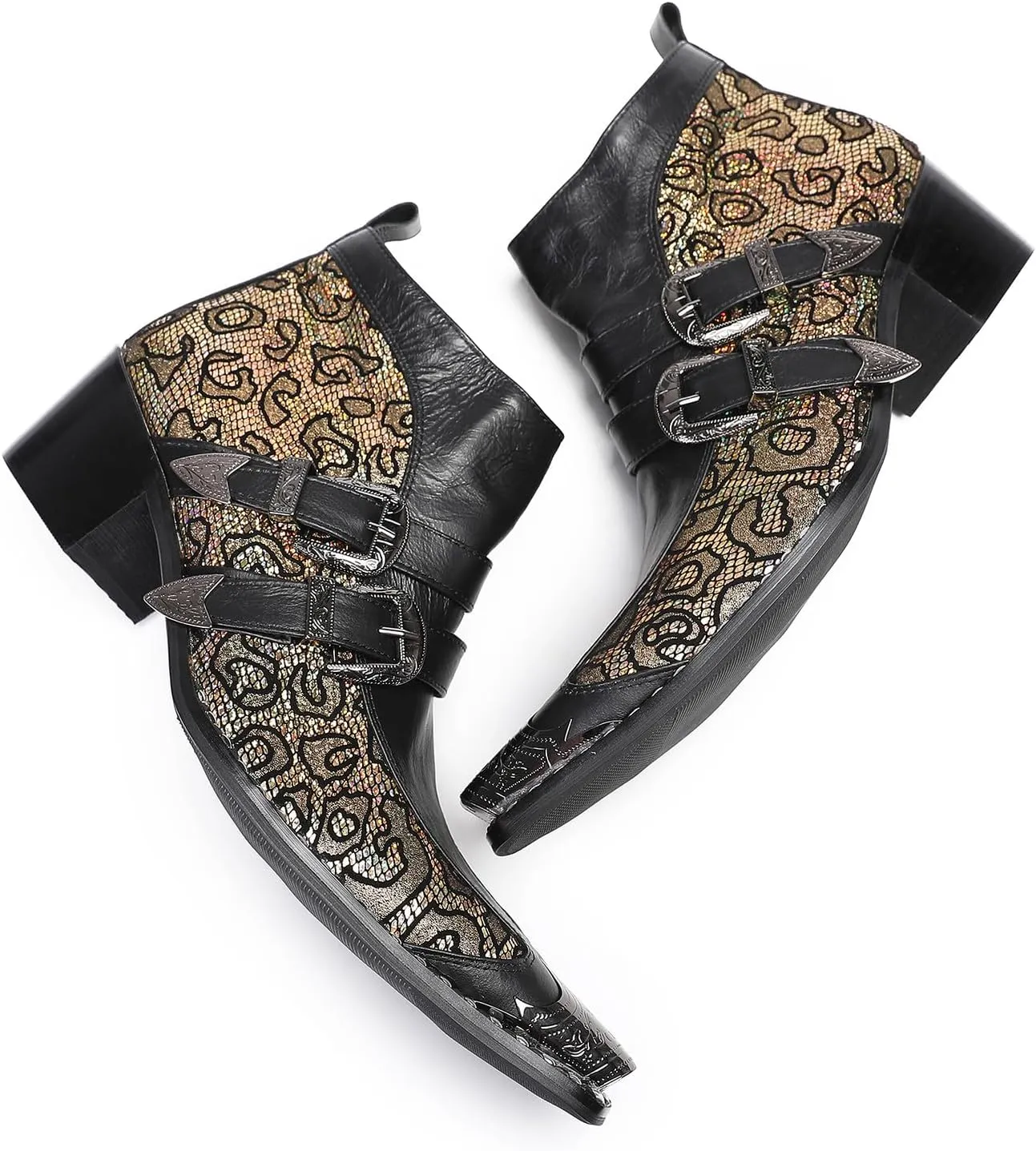Santimon Mens Chelsea Boots Casual Dress Genuine Leather Double Buckle Ankle Western Boots Metal Wingtip Zipper Fashion Party Ballroom Rock Singer Cowboy Boots for Men Boy