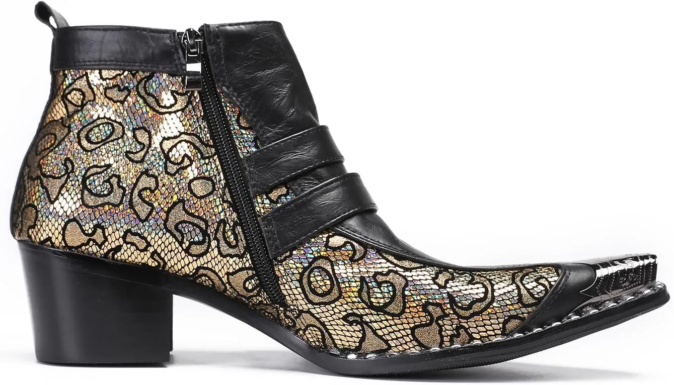 Santimon Mens Chelsea Boots Casual Dress Genuine Leather Double Buckle Ankle Western Boots Metal Wingtip Zipper Fashion Party Ballroom Rock Singer Cowboy Boots for Men Boy