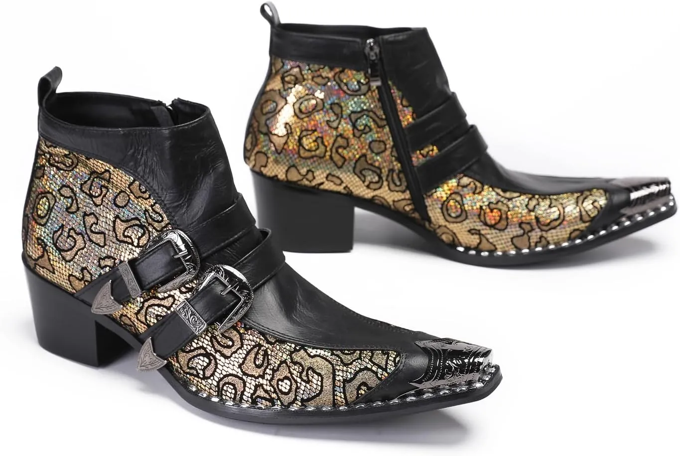 Santimon Mens Chelsea Boots Casual Dress Genuine Leather Double Buckle Ankle Western Boots Metal Wingtip Zipper Fashion Party Ballroom Rock Singer Cowboy Boots for Men Boy