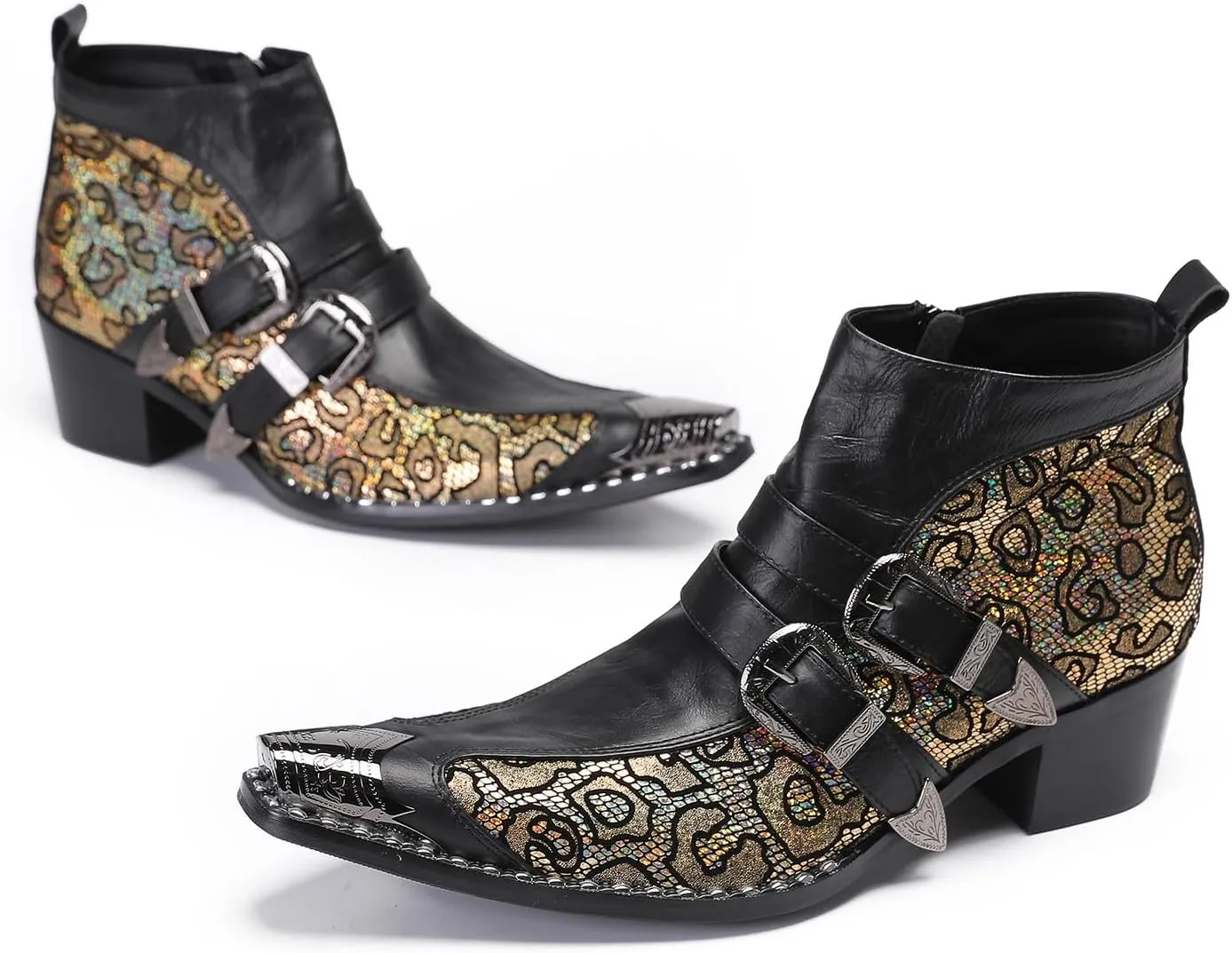 Santimon Mens Chelsea Boots Casual Dress Genuine Leather Double Buckle Ankle Western Boots Metal Wingtip Zipper Fashion Party Ballroom Rock Singer Cowboy Boots for Men Boy