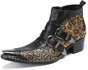Santimon Mens Chelsea Boots Casual Dress Genuine Leather Double Buckle Ankle Western Boots Metal Wingtip Zipper Fashion Party Ballroom Rock Singer Cowboy Boots for Men Boy