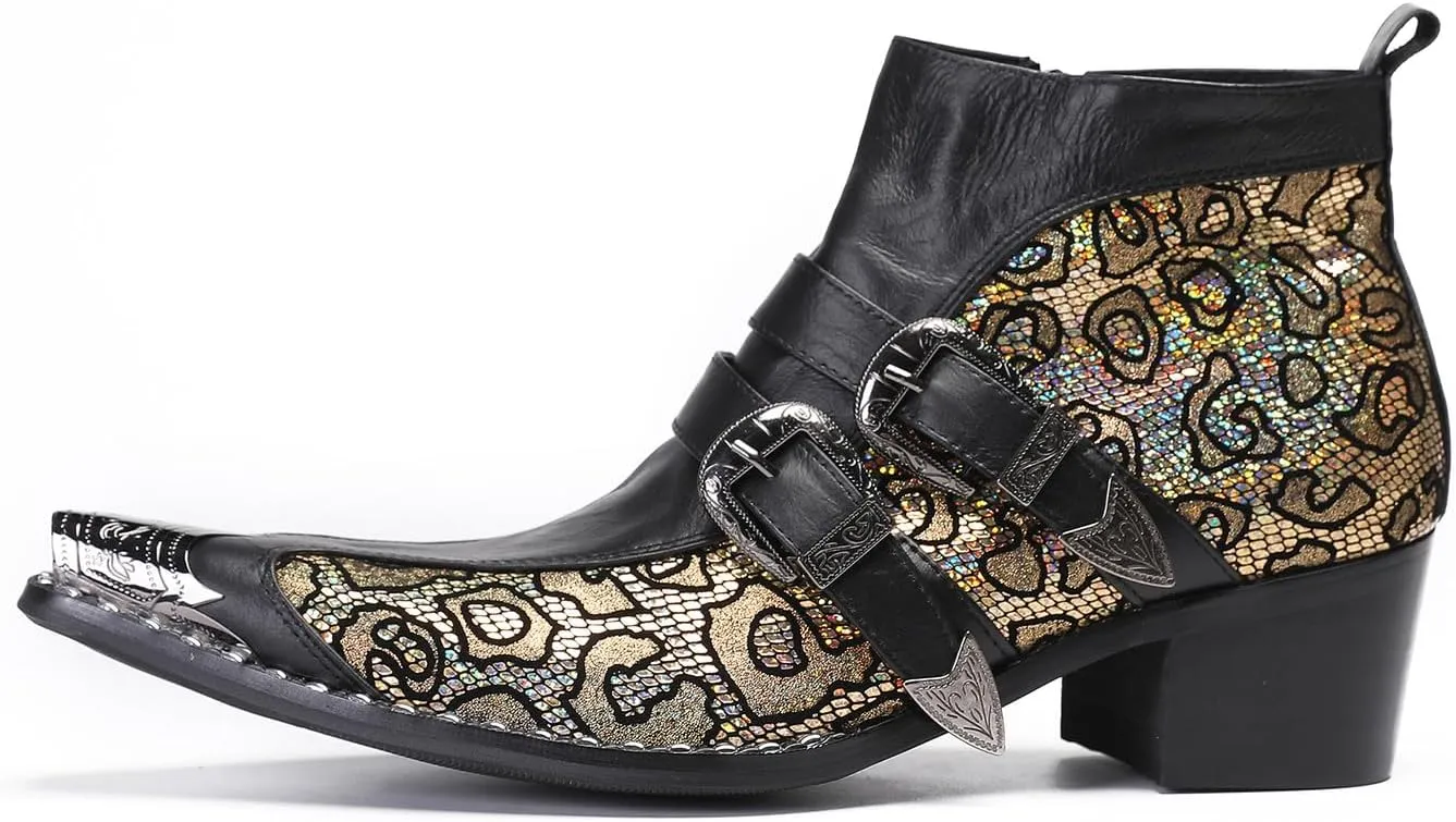 Santimon Mens Chelsea Boots Casual Dress Genuine Leather Double Buckle Ankle Western Boots Metal Wingtip Zipper Fashion Party Ballroom Rock Singer Cowboy Boots for Men Boy