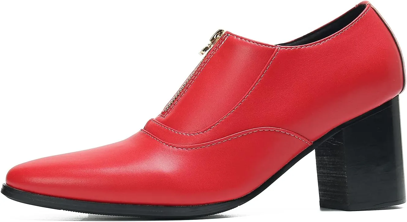 Santimon Men's Pump Slip On Loafers Party Dress Casual Leather Shoes Fashion Western Prom Wedding Disco Zipper Heels Shoes for Men Boys