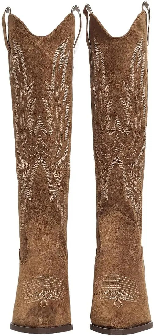 SelRoys Cowboy Boots for Women Cowgirl Western Chunky Heel Embroidery Stitched Pointy Toe Country Fashion Boots