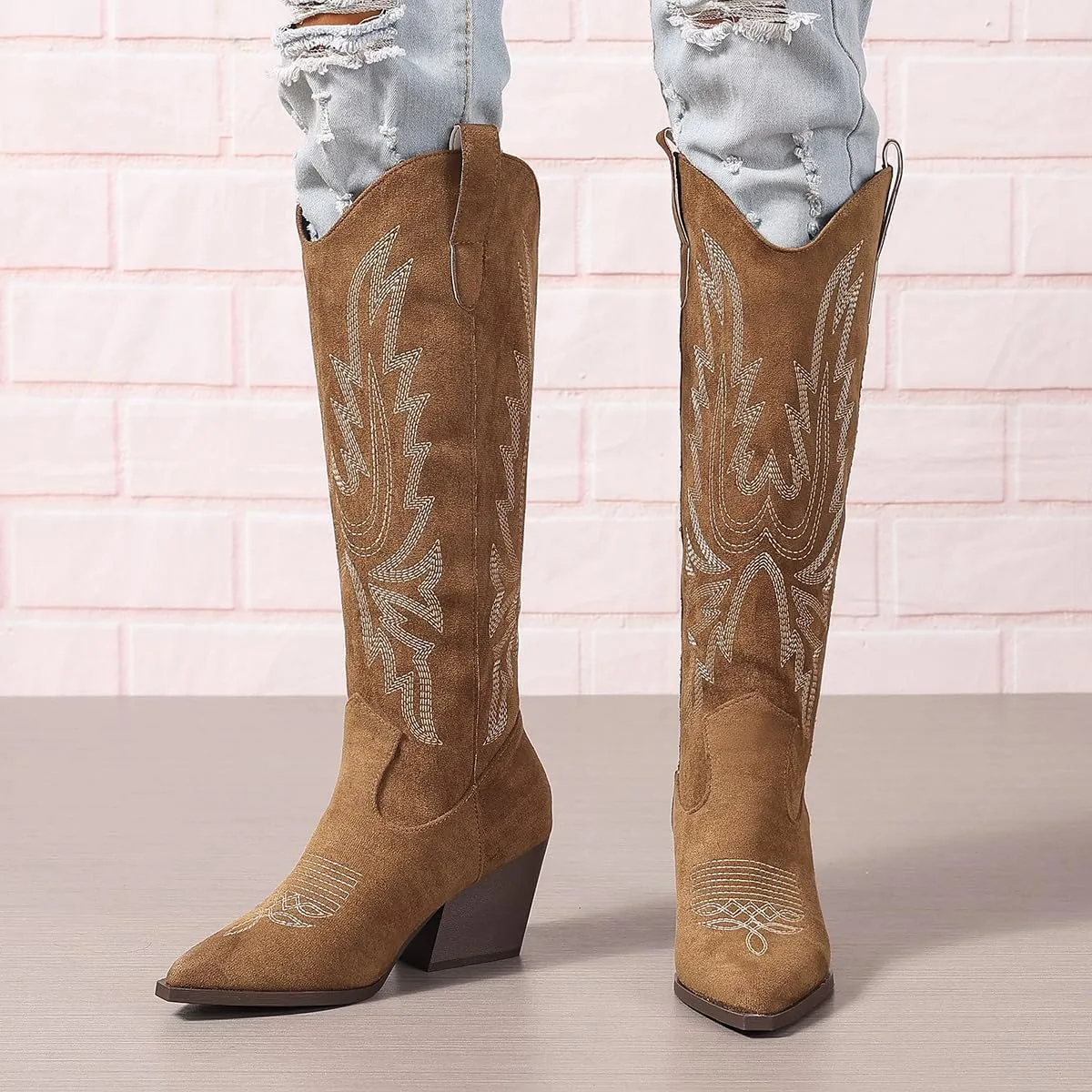 SelRoys Cowboy Boots for Women Cowgirl Western Chunky Heel Embroidery Stitched Pointy Toe Country Fashion Boots