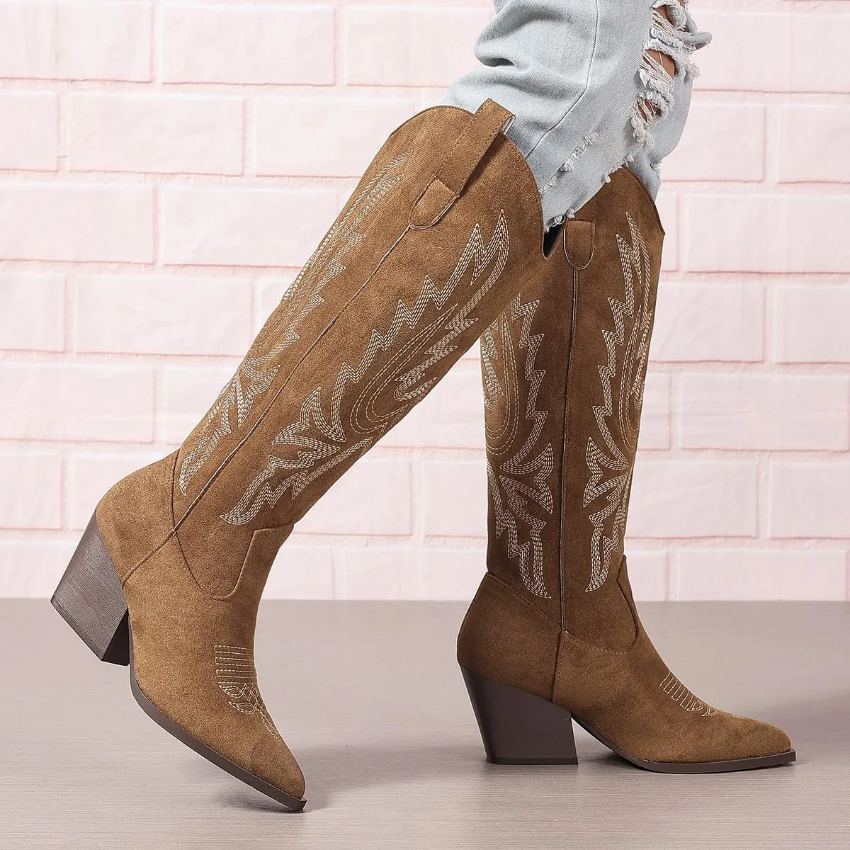 SelRoys Cowboy Boots for Women Cowgirl Western Chunky Heel Embroidery Stitched Pointy Toe Country Fashion Boots
