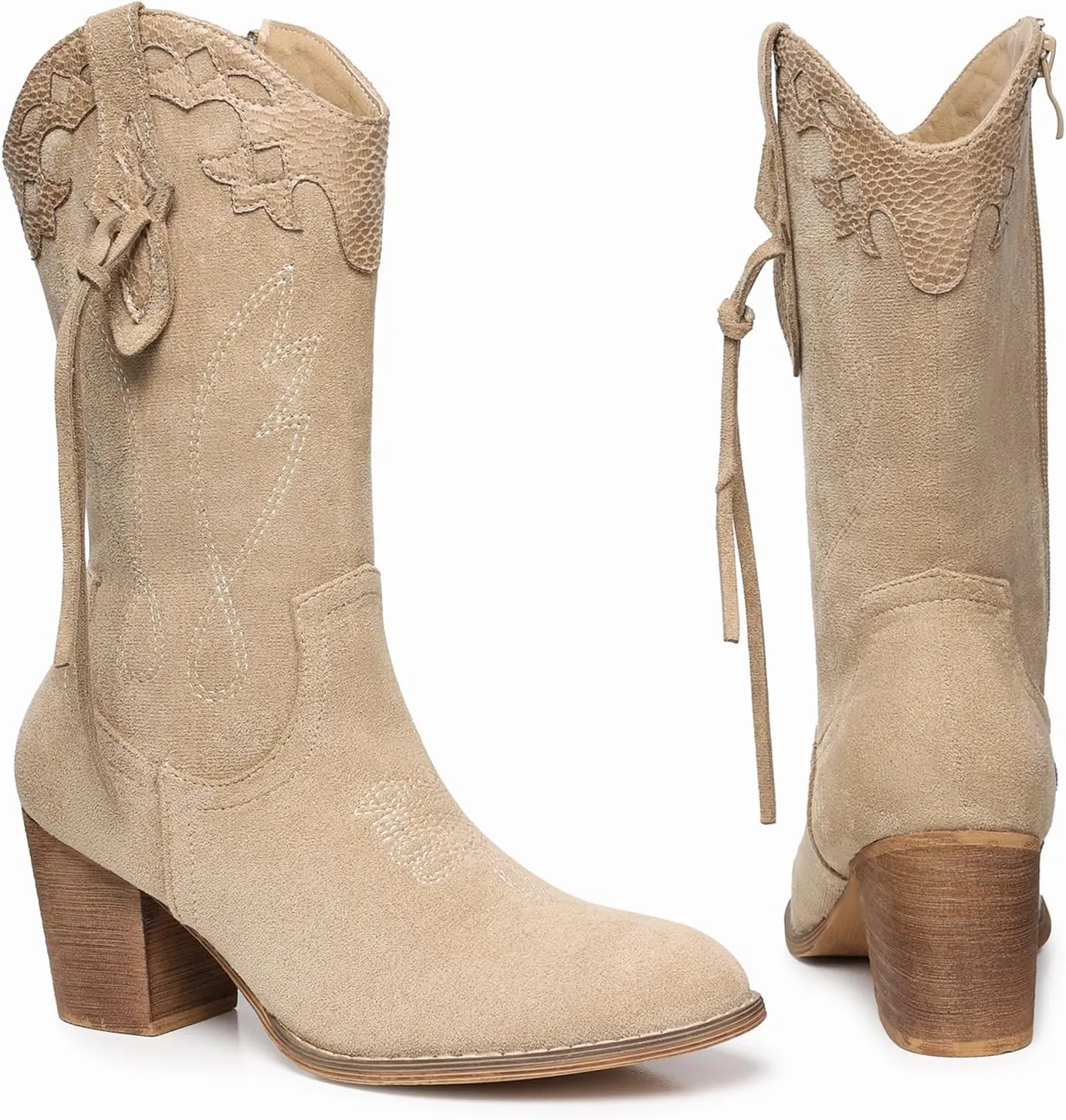 SHIBEVER Cowboy Cowgirl Boots for Women: Western Country High Heel Boots Suede Zipper Mid Calf Booties