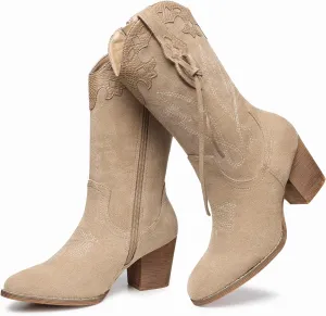 SHIBEVER Cowboy Cowgirl Boots for Women: Western Country High Heel Boots Suede Zipper Mid Calf Booties