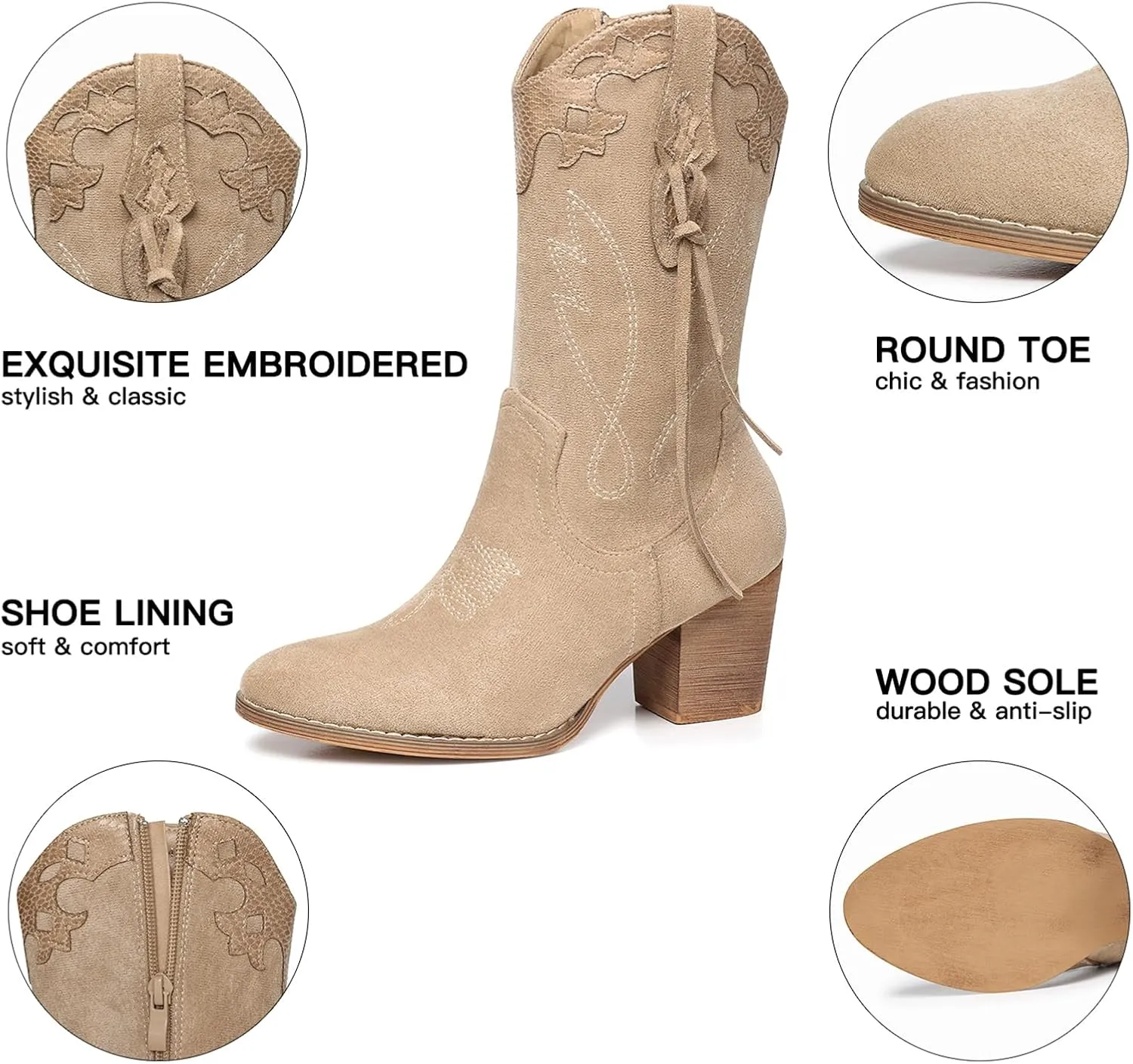 SHIBEVER Cowboy Cowgirl Boots for Women: Western Country High Heel Boots Suede Zipper Mid Calf Booties