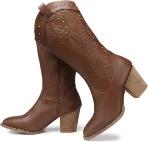SHIBEVER Cowboy Cowgirl Boots for Women: Wide Calf Western Pointed Toe Chunky Heel Suede Embroidered Mid Calf Boot