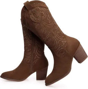SHIBEVER Cowboy Cowgirl Boots for Women: Wide Calf Western Pointed Toe Chunky Heel Suede Embroidered Mid Calf Boot