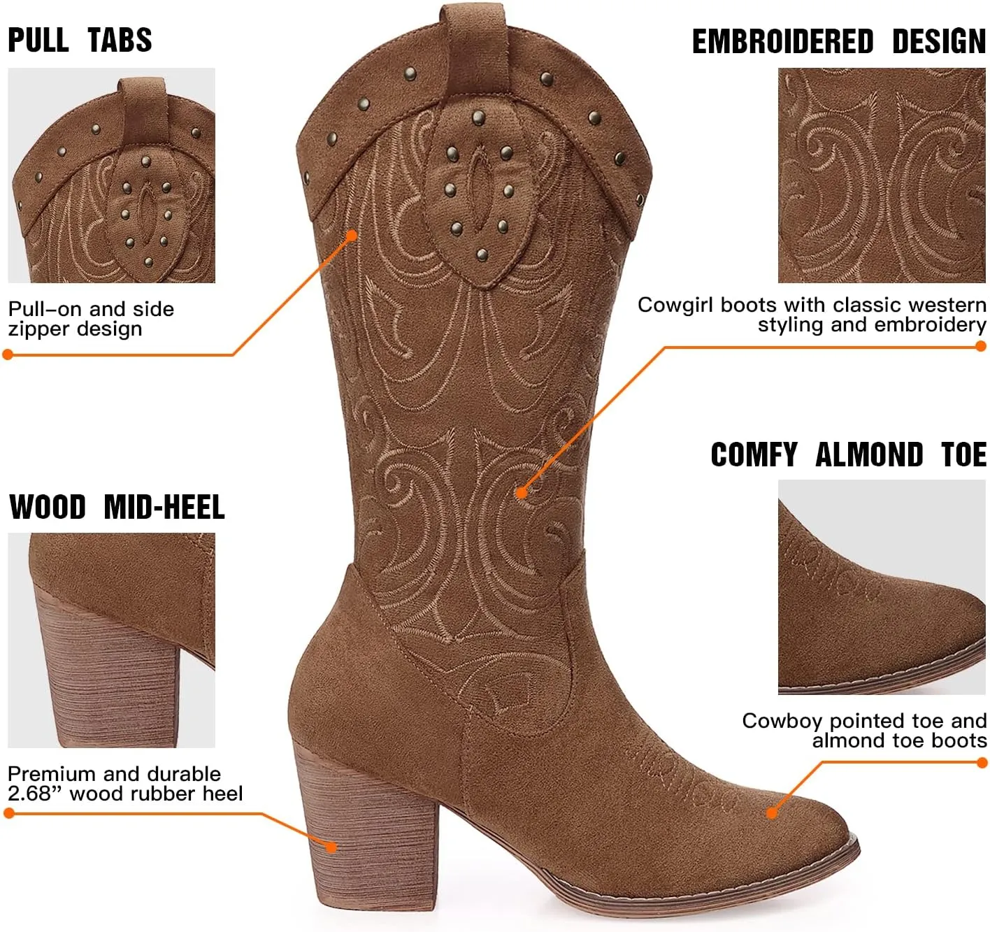 SHIBEVER Cowboy Cowgirl Boots for Women: Wide Calf Western Pointed Toe Chunky Heel Suede Embroidered Mid Calf Boot