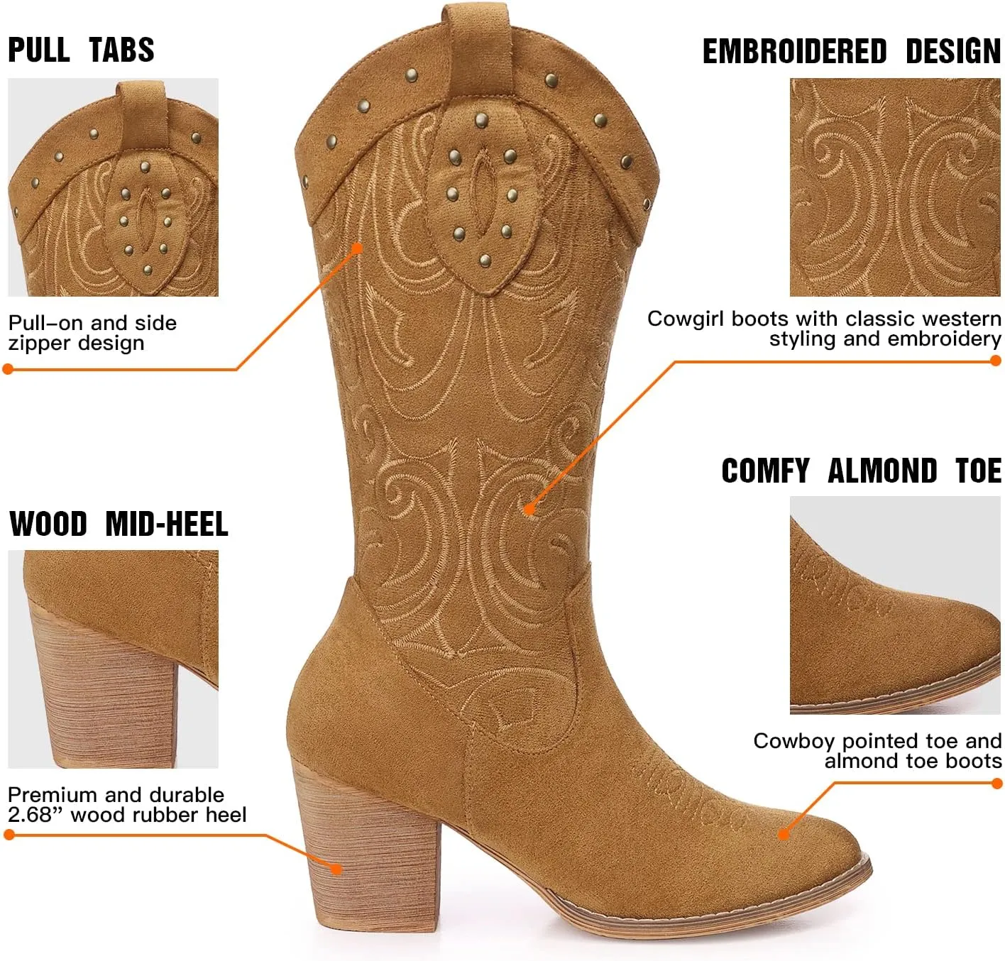 SHIBEVER Cowboy Cowgirl Boots for Women: Wide Calf Western Pointed Toe Chunky Heel Suede Embroidered Mid Calf Boot
