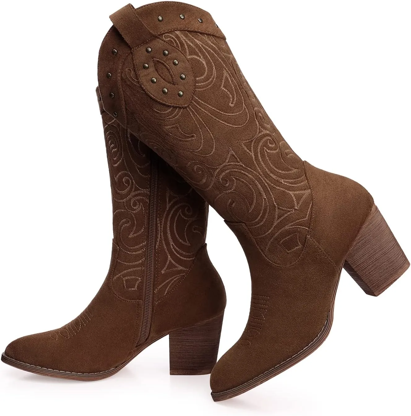SHIBEVER Cowboy Cowgirl Boots for Women: Wide Calf Western Pointed Toe Chunky Heel Suede Embroidered Mid Calf Boot