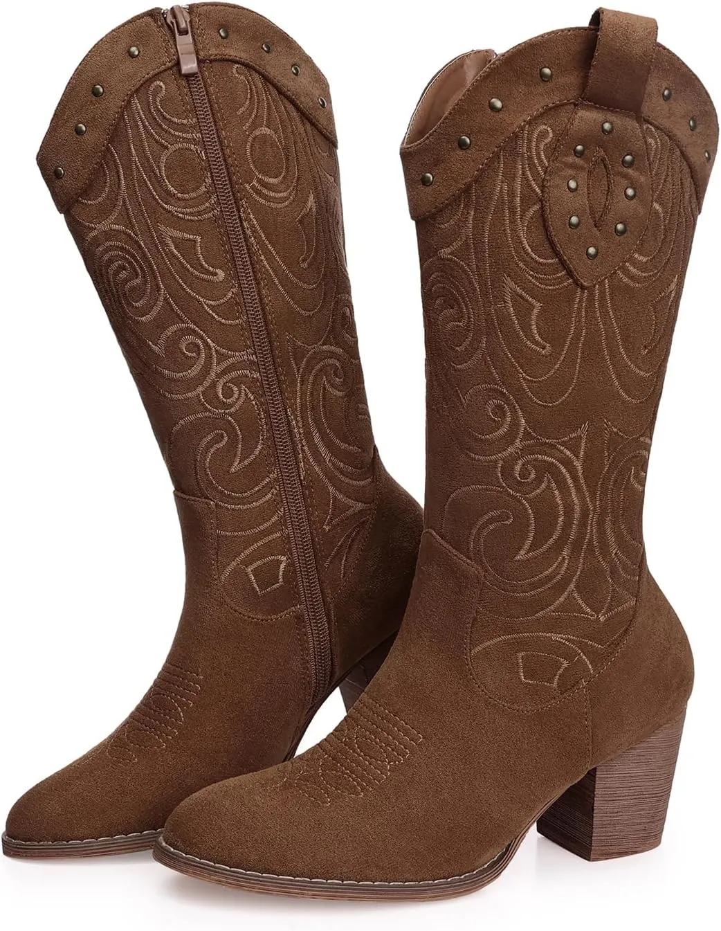SHIBEVER Cowboy Cowgirl Boots for Women: Wide Calf Western Pointed Toe Chunky Heel Suede Embroidered Mid Calf Boot