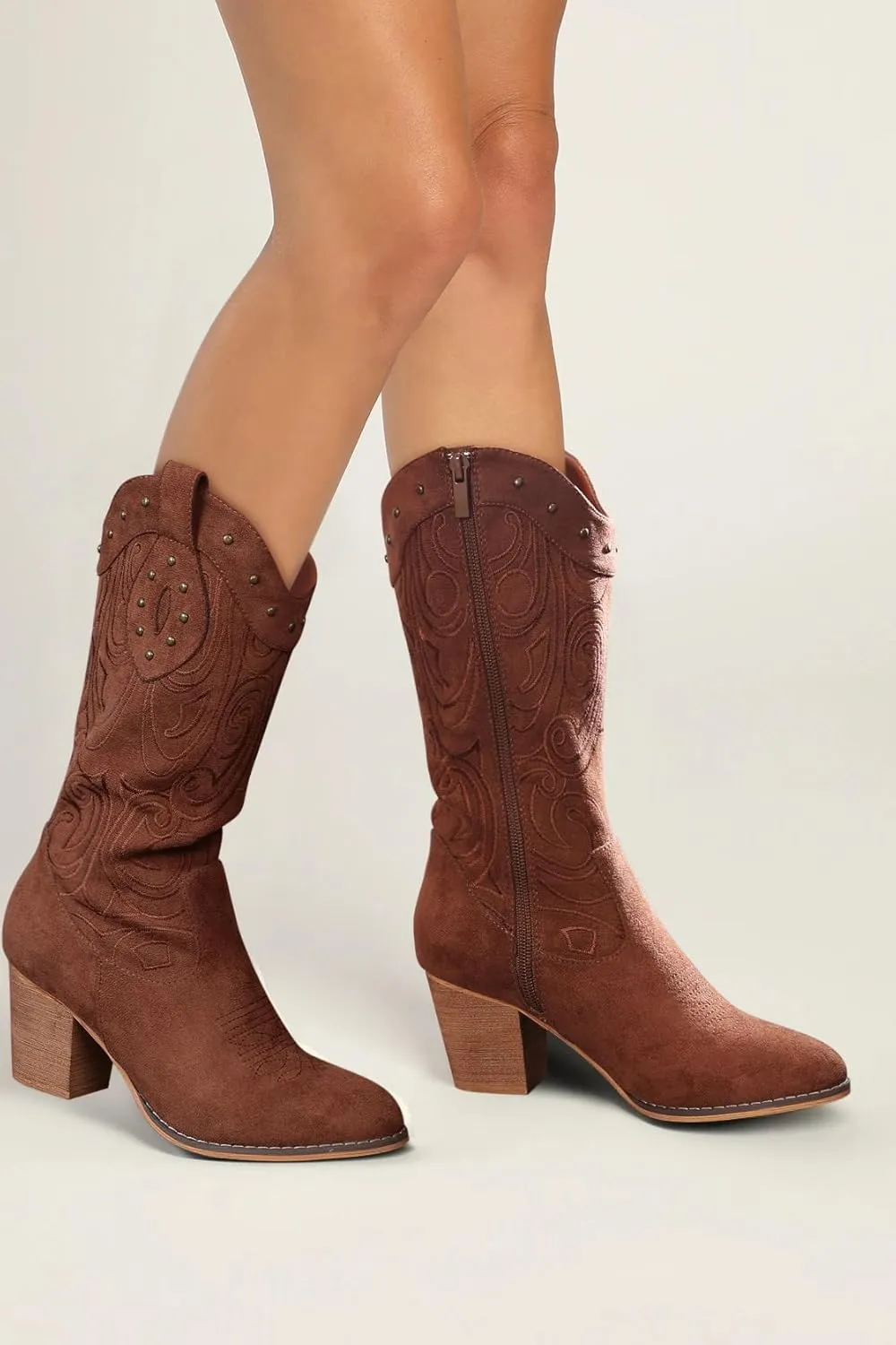 SHIBEVER Cowboy Cowgirl Boots for Women: Wide Calf Western Pointed Toe Chunky Heel Suede Embroidered Mid Calf Boot