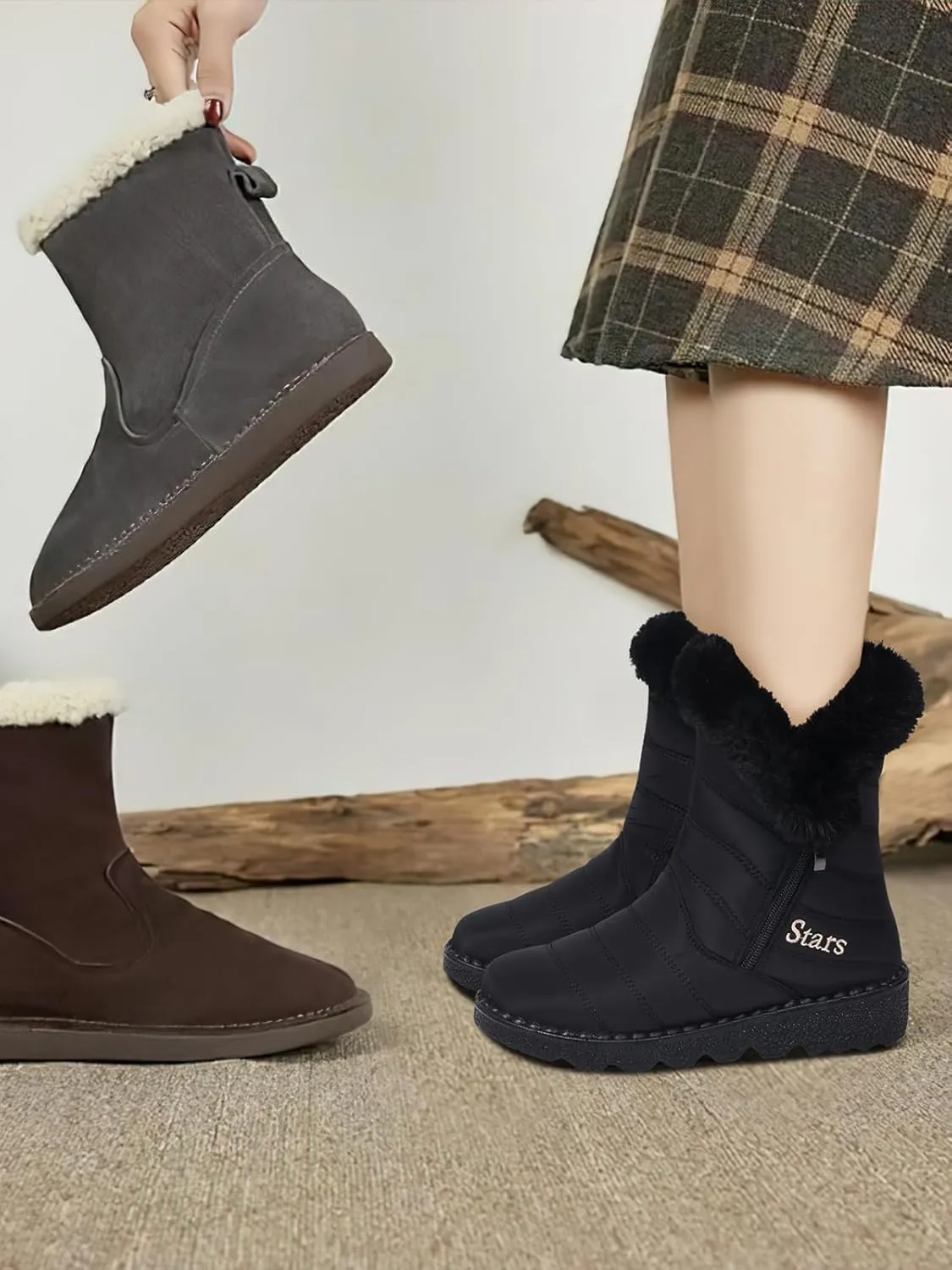 SHIBEVER Waterproof Winter Boots for Women: Snow Mid Calf Fur Lined Warm Women Boot Outdoor Resistant Booties