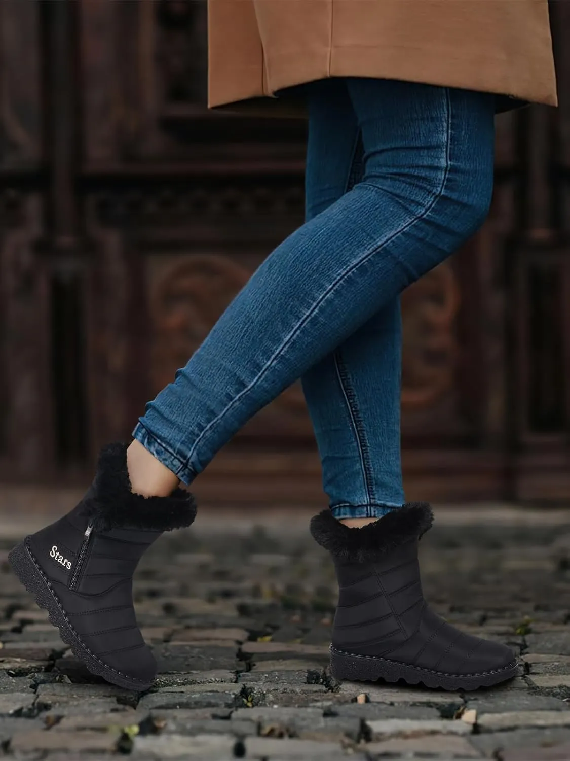 SHIBEVER Waterproof Winter Boots for Women: Snow Mid Calf Fur Lined Warm Women Boot Outdoor Resistant Booties
