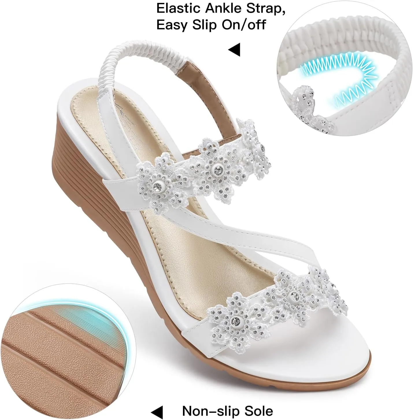 SHIBEVER Wedge Sandals for Women Dressy: Summer Open Toe Low Platform Wedges Sandals Elastic Ankle Strap Flower Comfortable Casual Shoes