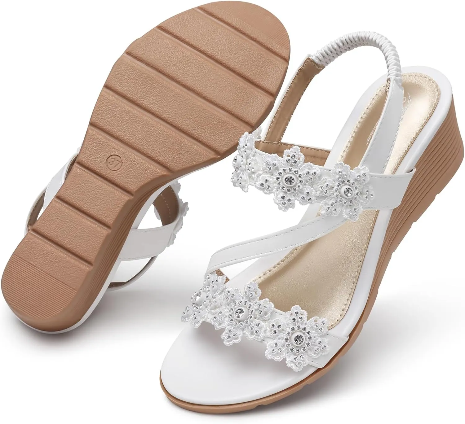 SHIBEVER Wedge Sandals for Women Dressy: Summer Open Toe Low Platform Wedges Sandals Elastic Ankle Strap Flower Comfortable Casual Shoes