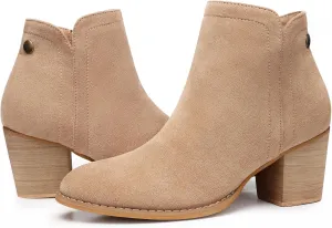 SHIBEVER Women's Ankle Boots Heel: Chunky Low Heeled Almond Toe Short Booties with Zipper Faux Suede Dress Western Fall 2025 Shoes