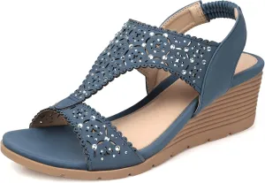 SHIBEVER Womens Sandals Wedge Low: Elastic Ankle Strap Wedge Sandals - Dressy Sandals Women - Comfortable Open Toe