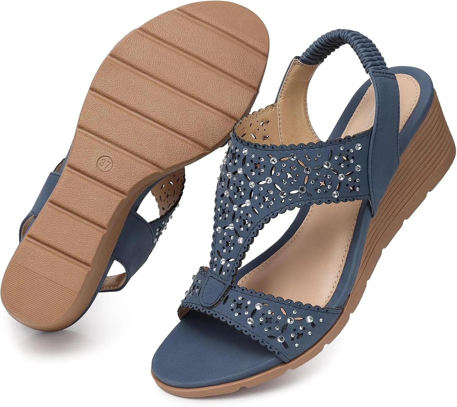 SHIBEVER Womens Sandals Wedge Low: Elastic Ankle Strap Wedge Sandals - Dressy Sandals Women - Comfortable Open Toe