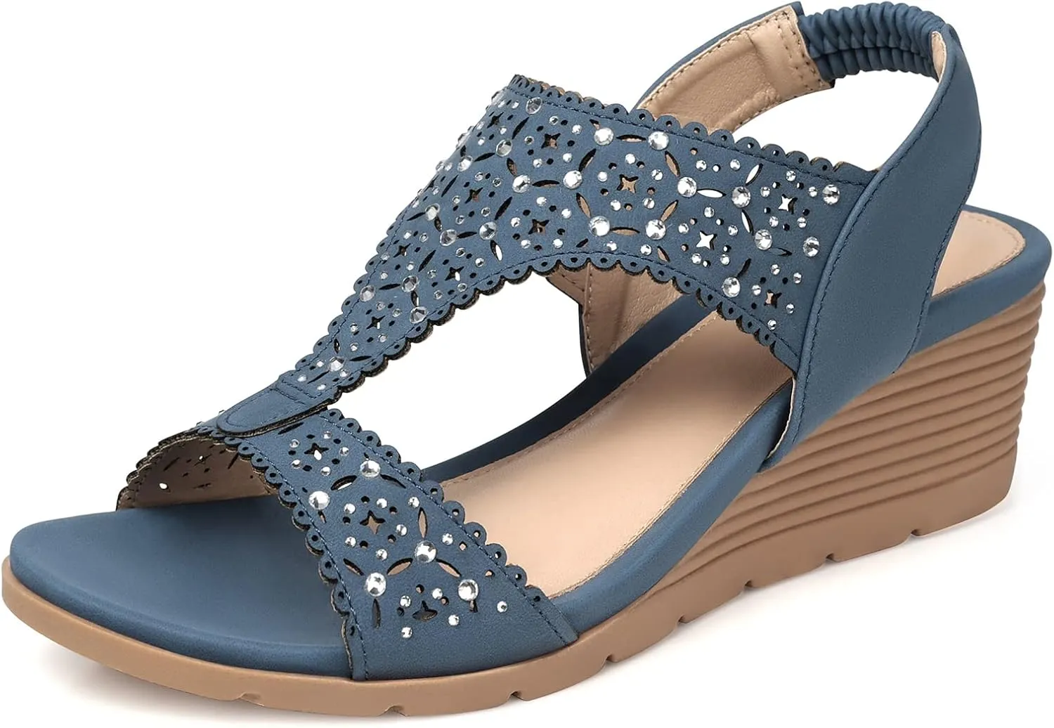 SHIBEVER Womens Sandals Wedge Low: Elastic Ankle Strap Wedge Sandals - Dressy Sandals Women - Comfortable Open Toe