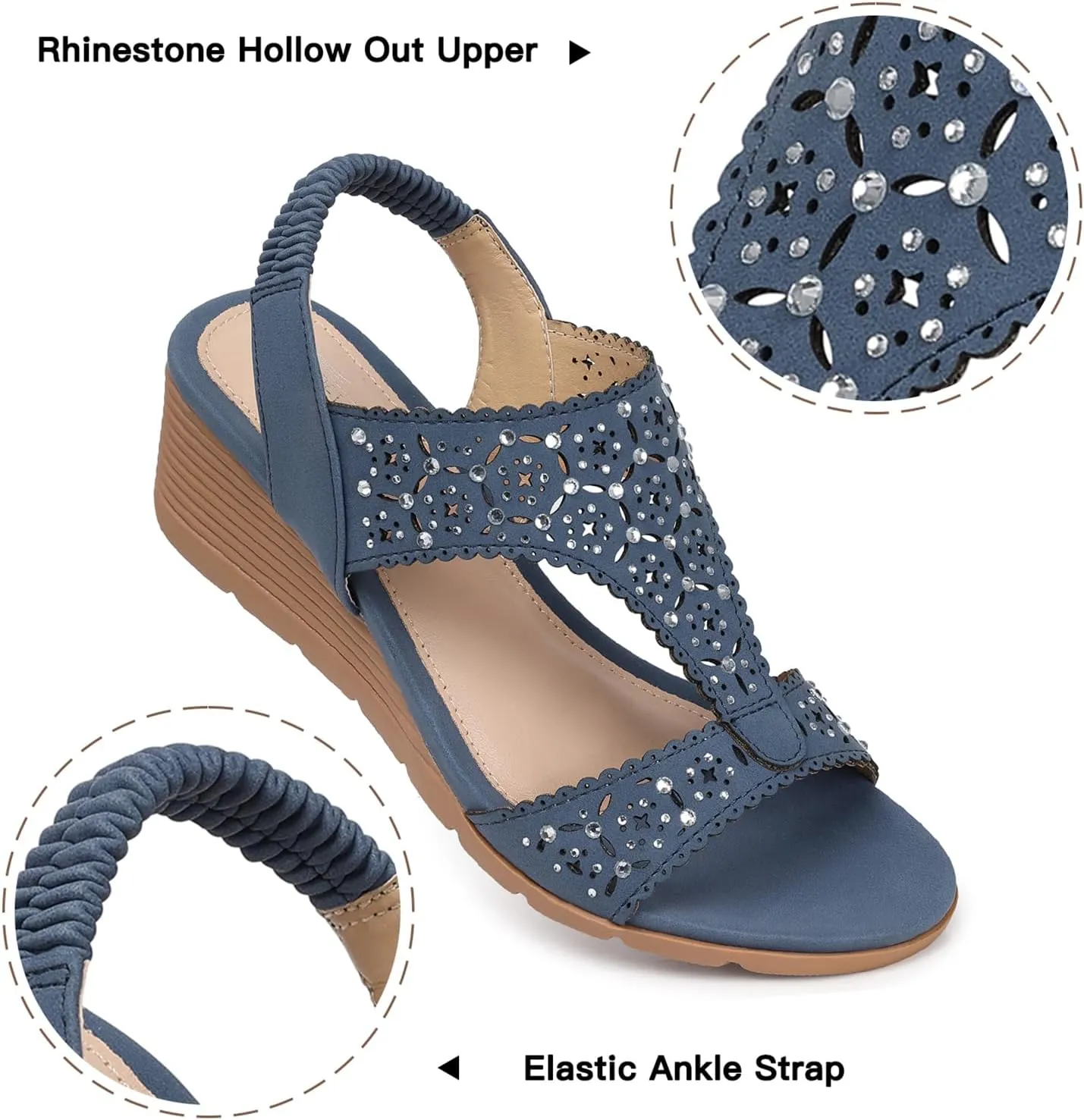 SHIBEVER Womens Sandals Wedge Low: Elastic Ankle Strap Wedge Sandals - Dressy Sandals Women - Comfortable Open Toe