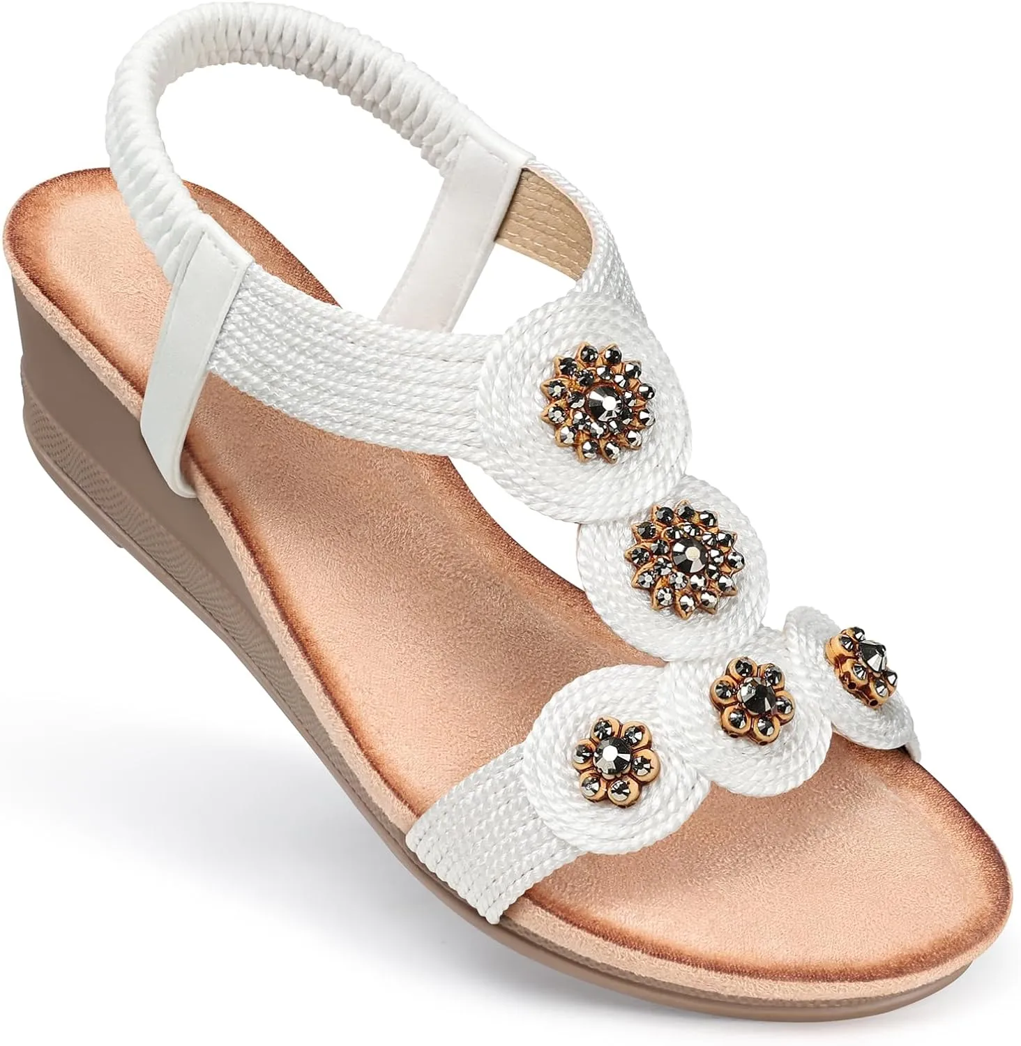 SHIBEVER Womens Sandals Wedge Low: Open Toe Elastic Ankle Strap Wedge Sandal - Dressy Sandals Women - Comfortable Summer