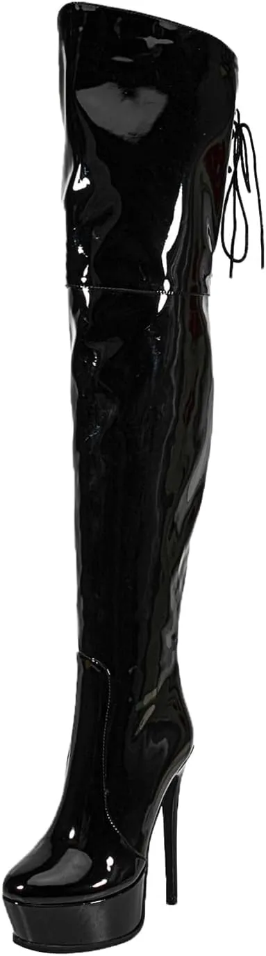 Shiny leather Thigh high boots Stiletto heels Platform Over the knee Round toe back zipper Sexy Front zipper Strappy high heel Cosplay Custume unisex boots for Women