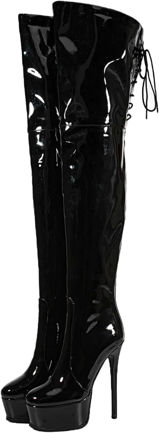 Shiny leather Thigh high boots Stiletto heels Platform Over the knee Round toe back zipper Sexy Front zipper Strappy high heel Cosplay Custume unisex boots for Women