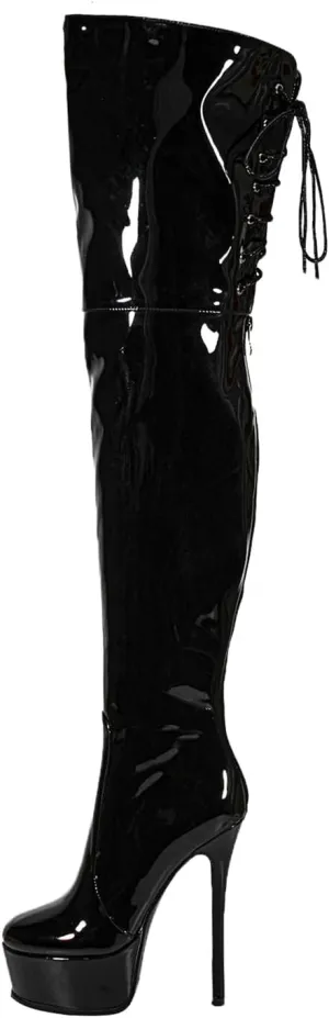 Shiny leather Thigh high boots Stiletto heels Platform Over the knee Round toe back zipper Sexy Front zipper Strappy high heel Cosplay Custume unisex boots for Women