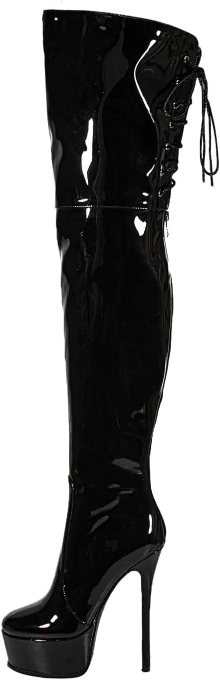 Shiny leather Thigh high boots Stiletto heels Platform Over the knee Round toe back zipper Sexy Front zipper Strappy high heel Cosplay Custume unisex boots for Women