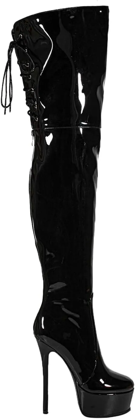 Shiny leather Thigh high boots Stiletto heels Platform Over the knee Round toe back zipper Sexy Front zipper Strappy high heel Cosplay Custume unisex boots for Women