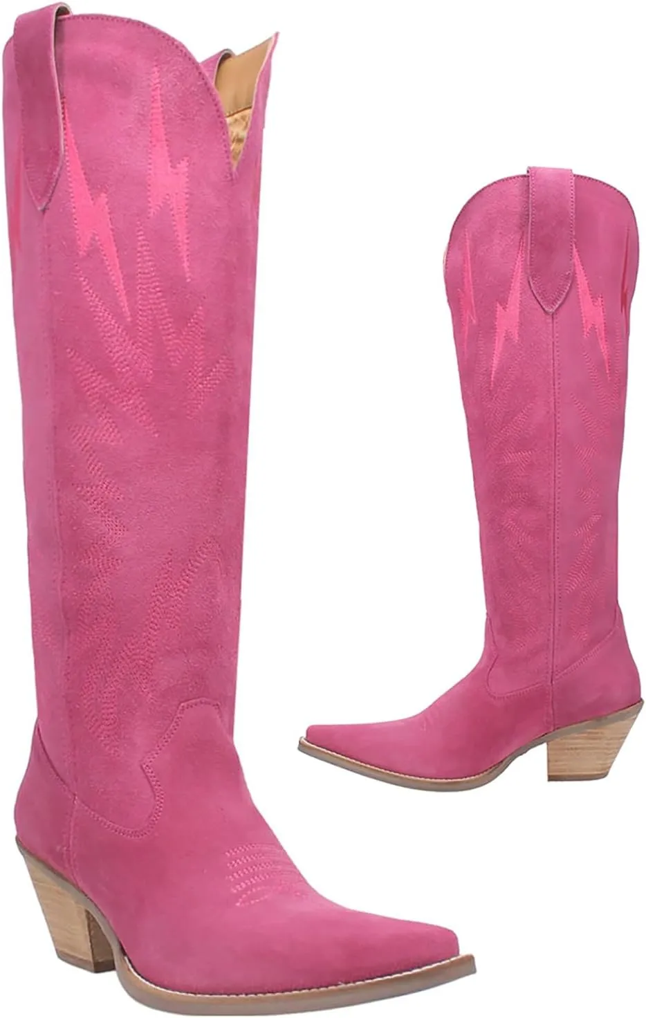 SHODENSE Women Suede Knee High Cowgirl Cowboy Boots Embroidered Stacked Heel Pointed Toe Tall Western Boots Pull On Wide Calf Low Chunky Heel Dress Long Boots Vintage Casual 4-11 M US