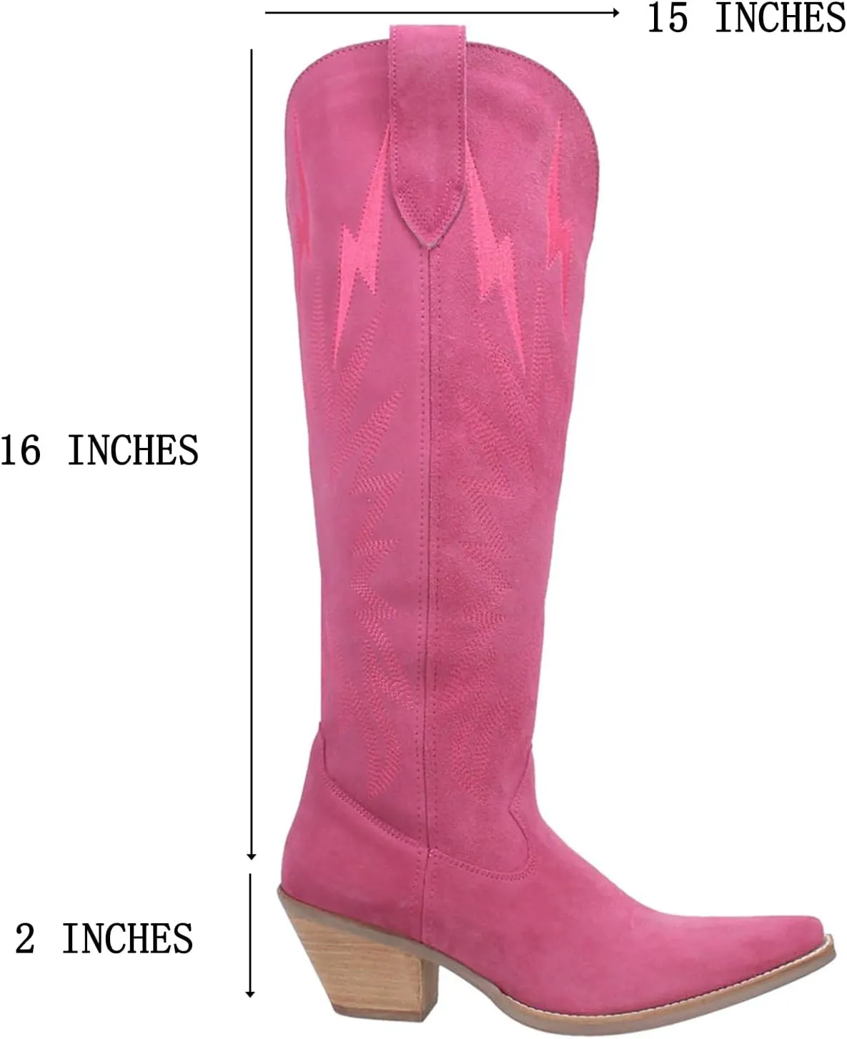 SHODENSE Women Suede Knee High Cowgirl Cowboy Boots Embroidered Stacked Heel Pointed Toe Tall Western Boots Pull On Wide Calf Low Chunky Heel Dress Long Boots Vintage Casual 4-11 M US