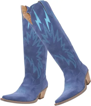 SHODENSE Women Suede Knee High Cowgirl Cowboy Boots Embroidered Stacked Heel Pointed Toe Tall Western Boots Pull On Wide Calf Low Chunky Heel Dress Long Boots Vintage Casual 4-11 M US