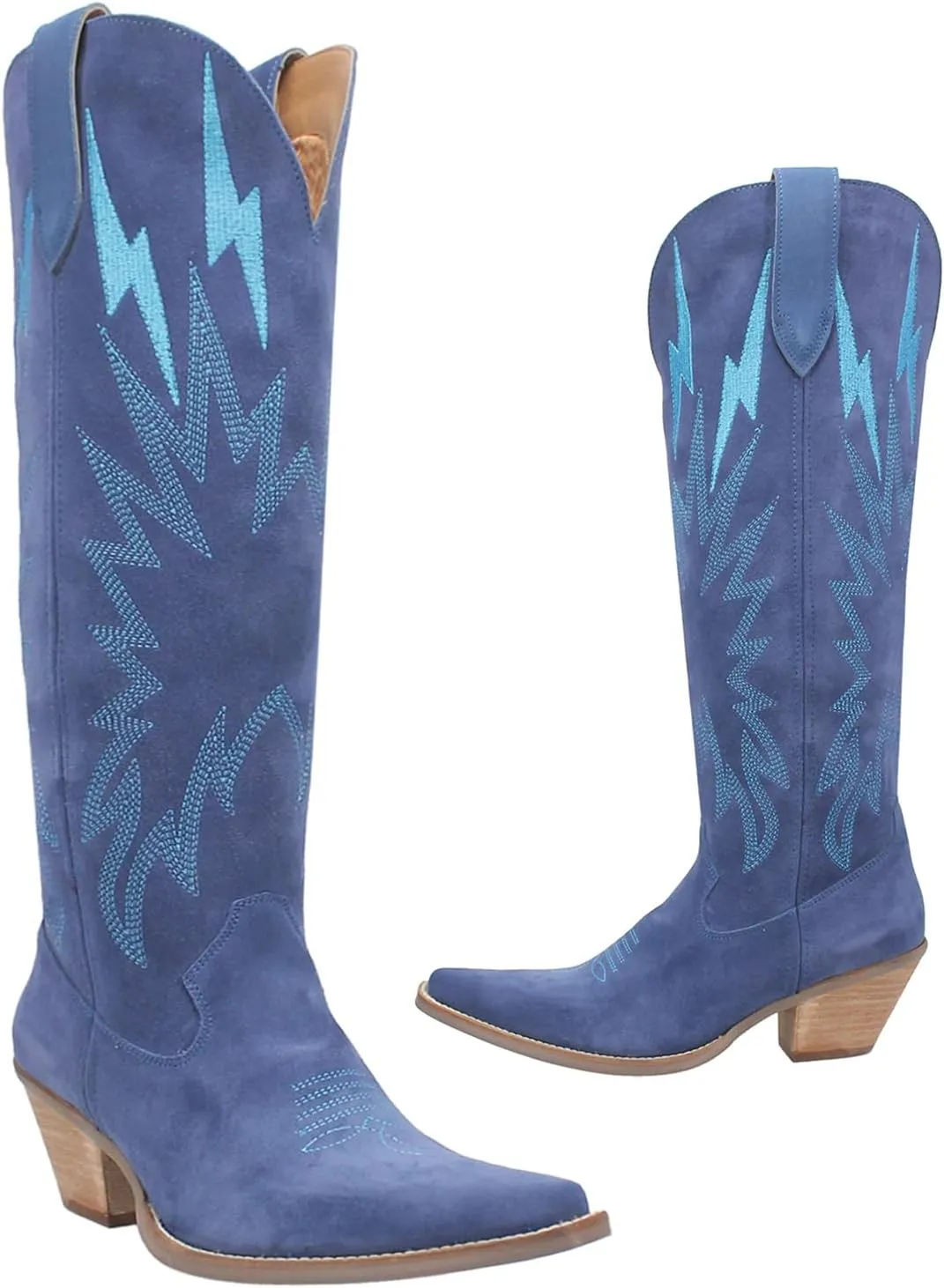 SHODENSE Women Suede Knee High Cowgirl Cowboy Boots Embroidered Stacked Heel Pointed Toe Tall Western Boots Pull On Wide Calf Low Chunky Heel Dress Long Boots Vintage Casual 4-11 M US