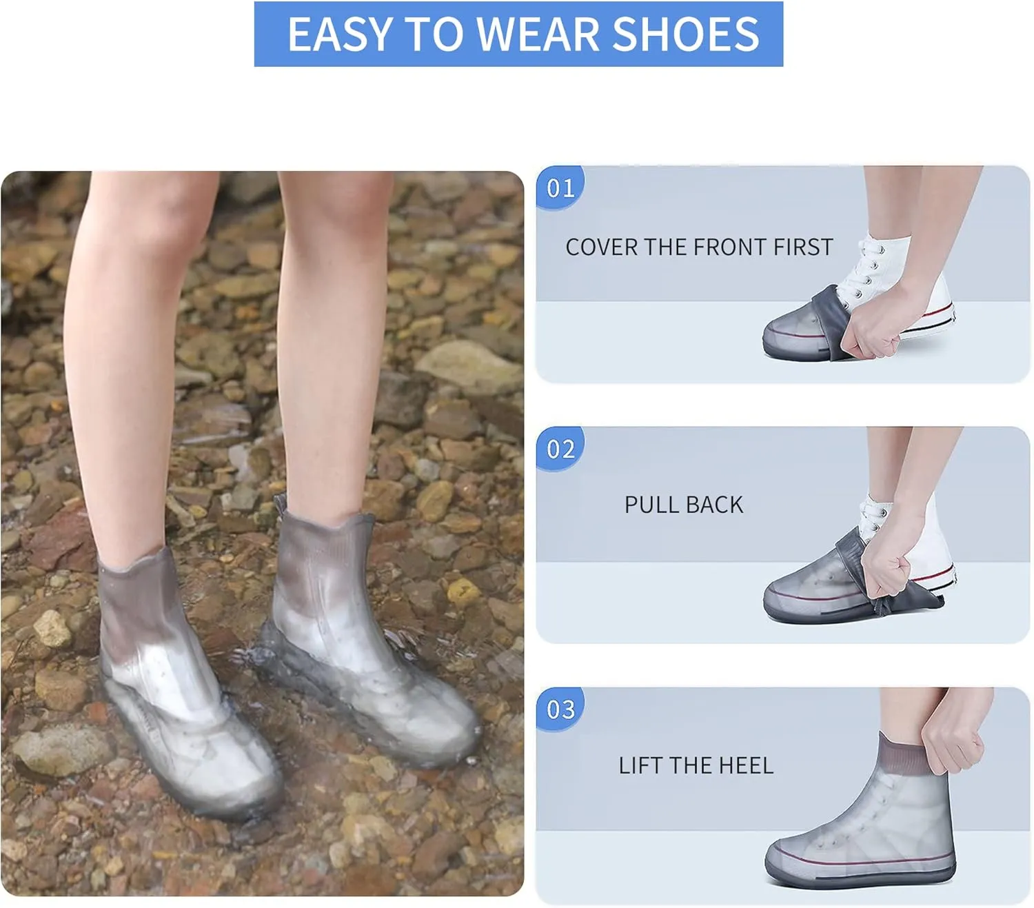 Shoe Covers Waterproof Rain Shoes Covers Reusable Foldable Rain Boots Slip Resistant Rubber Sole Overshoes Protectors for Cleaning Camping Travel Rain Galoshes with Buttons