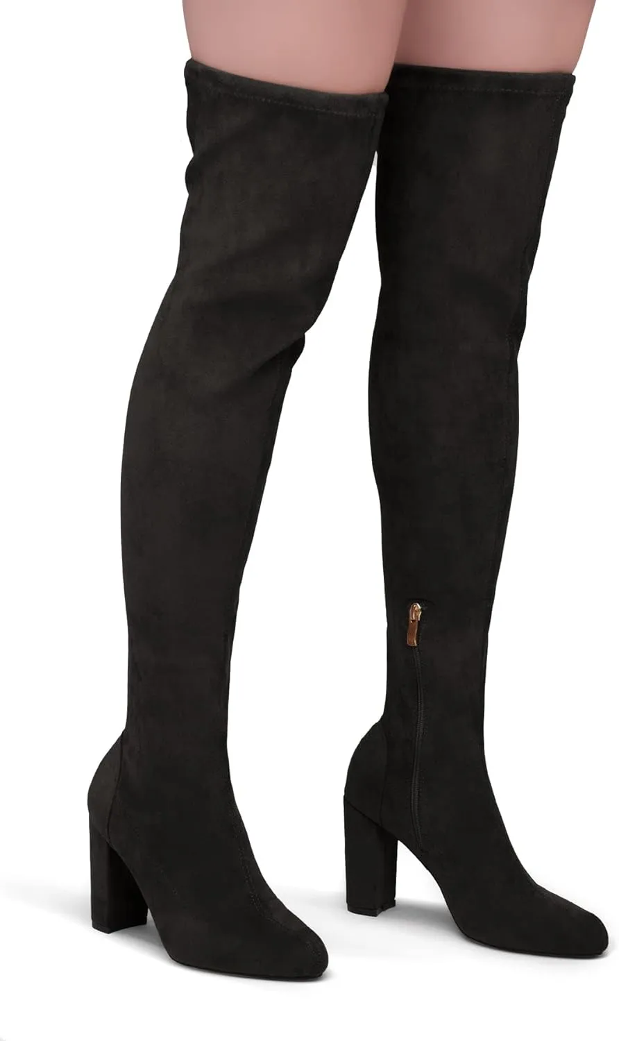Shoe Land LILIA-HI Womens Over the Knee Thigh High Boots Almond Toe Block Mid Heels Long Stretch Fall Dress Boots