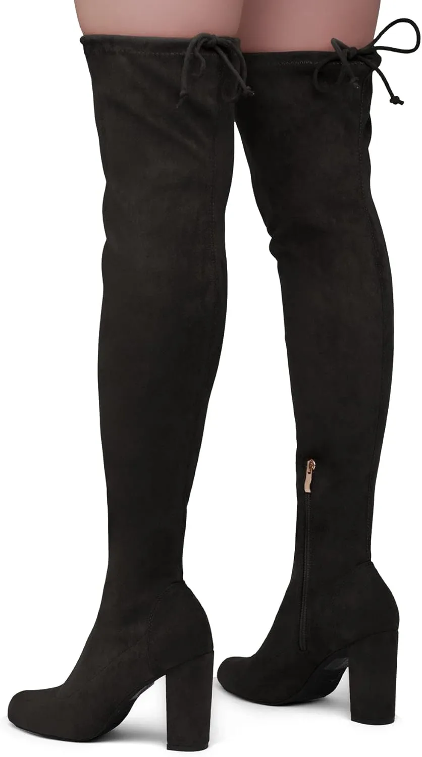 Shoe Land LILIA-HI Womens Over the Knee Thigh High Boots Almond Toe Block Mid Heels Long Stretch Fall Dress Boots