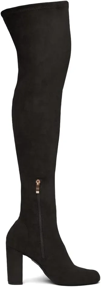 Shoe Land LILIA-HI Womens Over the Knee Thigh High Boots Almond Toe Block Mid Heels Long Stretch Fall Dress Boots