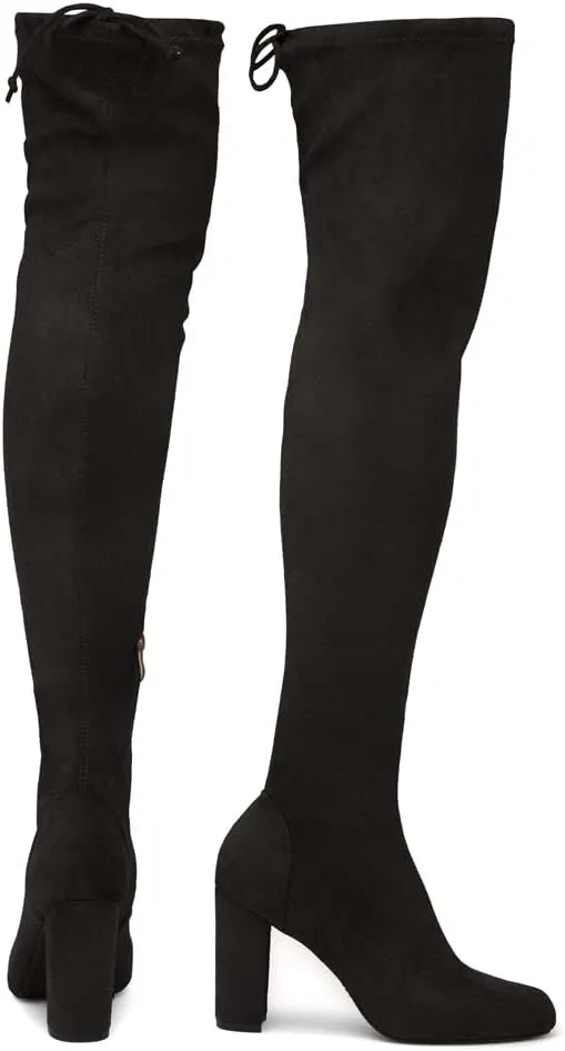 Shoe Land LILIA-HI Womens Over the Knee Thigh High Boots Almond Toe Block Mid Heels Long Stretch Fall Dress Boots
