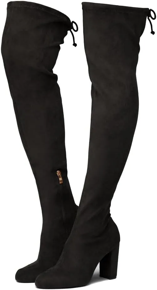 Shoe Land LILIA-HI Womens Over the Knee Thigh High Boots Almond Toe Block Mid Heels Long Stretch Fall Dress Boots