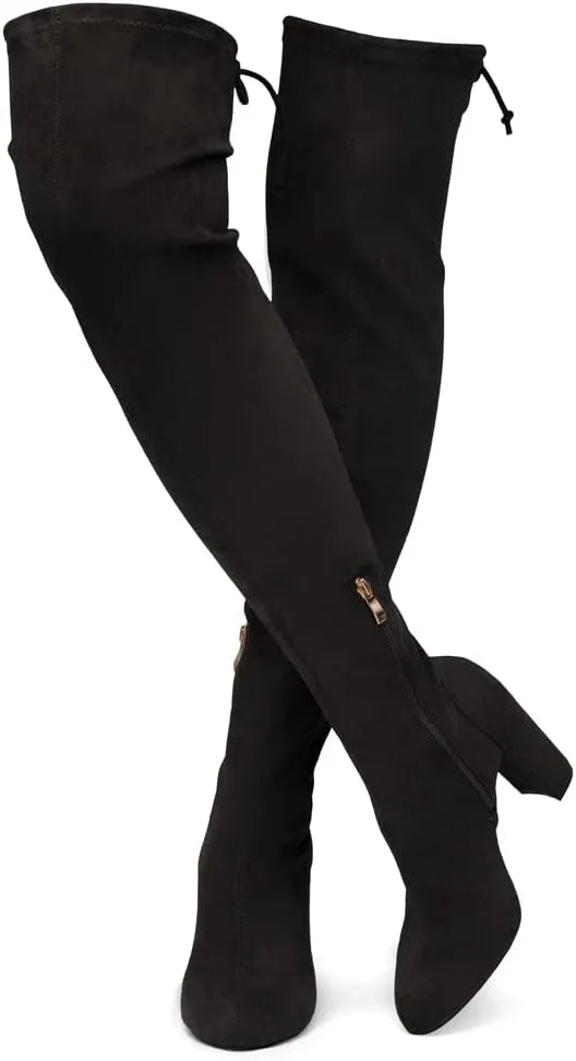 Shoe Land LILIA-HI Womens Over the Knee Thigh High Boots Almond Toe Block Mid Heels Long Stretch Fall Dress Boots