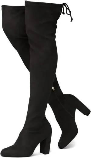 Shoe Land LILIA-HI Womens Over the Knee Thigh High Boots Almond Toe Block Mid Heels Long Stretch Fall Dress Boots