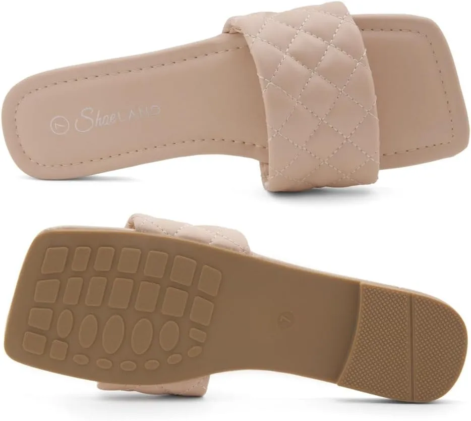 Shoe Land Women’s Flat Sandals – Quilted One-Band Fashion Slides with Square Open Toe & Comfort Footbed | Dressy Casual Slip-On Sandals for Summer, Travel & Daily Wear