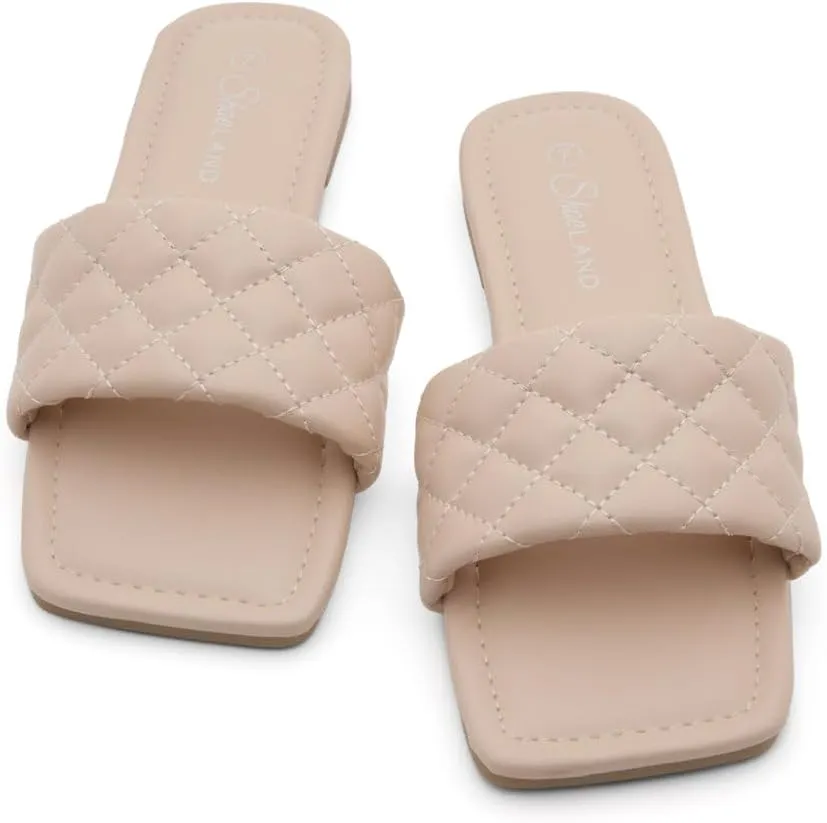 Shoe Land Women’s Flat Sandals – Quilted One-Band Fashion Slides with Square Open Toe & Comfort Footbed | Dressy Casual Slip-On Sandals for Summer, Travel & Daily Wear